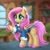 Size: 1197x1197 | Tagged: safe, artist:scheadar, character:flutterbat, character:fluttershy, species:bat pony, species:bird, species:pony, g4, bat ponified, bat wings, blurred background, clothing, cute, ear piercing, earring, eyebrows, fangs, female, fluttershy's cottage, folded wings, indoors, jewelry, mare, piercing, race swap, raised hoof, sharp teeth, shyabetes, signature, slit pupils, solo, tail, unshorn fetlocks, wings