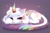 Size: 2048x1358 | Tagged: safe, artist:empress-twilight, oc, oc only, oc:cloudy canvas, species:kirin, species:pony, curled up, eyes barely open, eyes cracked open, looking at you, on pillow, rainbow horn, rainbow scales, rainbow tail, simple background, sleepy, solo, tried