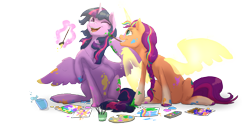 Size: 3410x1693 | Tagged: safe, artist:shaslan, character:sunny starscout, character:twilight sparkle, character:twilight sparkle (alicorn), species:alicorn, species:earth pony, species:pony, g5, my little pony: a new generation, alicornified, braid, brush, coat markings, colored hooves, cute, easel, glowing horn, happy, holding, hoof hold, hooves, horn, magic, magic aura, magic horn, magic wings, mouth hold, one eye closed, open mouth, open smile, paint, paintbrush, profile, race swap, simple background, sitting, smiling, socks (coat marking), sunny and her heroine, sunnybetes, sunnycorn, telekinesis, transparent background, twiabetes, unshorn fetlocks