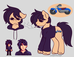Size: 3000x2300 | Tagged: safe, artist:leopardsnaps, species:earth pony, species:pony, ciggarette, clothing, hoodie, male, ponified, scrunchy face, sebastian (stardew valley), smoking, solo, species swap, stardew valley, unshorn fetlocks