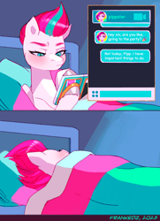 Size: 1080x1492 | Tagged: safe, artist:frank3dz, character:zipp storm, species:pegasus, species:pony, g5, 2 panel comic, bed, cellphone, colored hooves, comic, crystal brighthouse, female, foldable phone, hoof hold, hooves, implied pipp petals, in bed, indoors, introversion, lidded eyes, mare, phone, sleeping, smartphone, solo, text message, texting, tired, unshorn fetlocks, zipp storm's bedroom