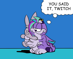 Size: 1376x1114 | Tagged: safe, artist:toonyloo, character:allura, character:twitch, species:aq bars, species:snow leopard, g5, my little pony: tell your tale, big cat, crossover, female, garfield, ice cave, pooky, simple background, thought bubble, winged big cat