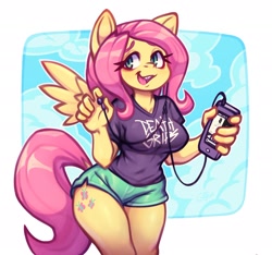 Size: 1400x1313 | Tagged: safe, artist:goobone, artist:gooboneart, character:fluttershy, species:anthro, species:pegasus, g4, breasts, busty fluttershy, cellphone, clothing, death grips, earbuds, female, mare, open mouth, open smile, phone, shirt, shorts, simple background, smartphone, smiling, solo, sports shorts, spread wings, t-shirt, thighs, white background, wings
