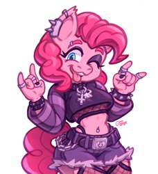Size: 1093x1200 | Tagged: safe, artist:goobone, artist:gooboneart, character:pinkie pie, species:anthro, species:earth pony, g4, belly button, belly piercing, belt, bondage, bracelet, breasts, chains, choker, clothing, collar, cross, devil horn (gesture), ear piercing, eyeshadow, female, fishnets, inverted cross, jewelry, looking at you, makeup, mare, midriff, nail polish, necklace, one eye closed, piercing, punk, ring, shorts, signature, simple background, solo, spiked wristband, stockings, thigh highs, tongue out, underboob, white background, wristband