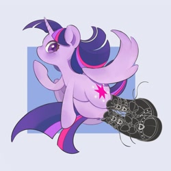 Size: 2599x2601 | Tagged: safe, artist:chonpsk, artist:chonpskss, character:twilight sparkle, character:twilight sparkle (alicorn), species:alicorn, species:pony, g4, blue background, blushing, boots, clothing, female, high res, horn, mare, partially open wings, passepartout, profile, shoes, simple background, solo, tail, wings