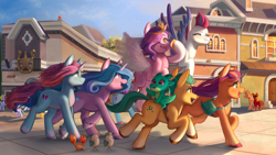 Size: 1920x1080 | Tagged: safe, artist:nikosh14, character:fifi (g5), character:glory (g5), character:hitch trailblazer, character:izzy moonbow, character:jazz hooves, character:kenneth, character:mcsnips-a-lot, character:misty brightdawn, character:peach fizz, character:phyllis cloverleaf, character:pipp petals, character:seashell, character:sparky sparkeroni, character:sprout, character:sunny starscout, character:zipp storm, species:bird, species:crab, species:dragon, species:earth pony, species:pegasus, species:pony, species:seagull, species:unicorn, g5, my little pony: make your mark, ;p, adorapipp, adorazipp, blaze (coat marking), blep, blush scribble, blushing, bracelet, cellphone, coat markings, colored eyebrows, colored hooves, cute, eyebrows, female, gradient hair, group, hitchbetes, hoof hold, hooves, horn, izzybetes, jewelry, lighting, male, mane five, mane seven (g5), mane six (g5), mane stripe sunny, mare, maretime bay, mistybetes, multicolored hair, one eye closed, open mouth, open smile, phone, pipp wings, profile, rebirth misty, running, shading, shadow, smartphone, smiling, socks (coat marking), sparkybetes, stallion, steven, sun, sunnybetes, sunrise, tail, three quarter view, tongue out, unshorn fetlocks, windswept mane, windswept tail