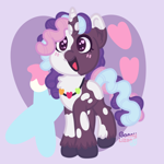 Size: 1000x1000 | Tagged: safe, artist:gonthelizard, character:violette rainbow, species:pony, species:unicorn, g5, my little pony: tell your tale, 2024, blush lines, blushing, chest fluff, colored hooves, colored pupils, cute, dreadlocks, female, filly, foal, heart, heart eyes, hooves, horn, jewelry, mottled coat, necklace, open mouth, open smile, signature, smiling, solo, starry eyes, tail, unshorn fetlocks, violettebetes, vitiligo, wingding eyes, young