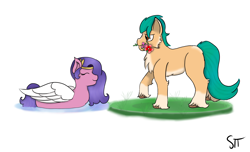 Size: 2300x1400 | Tagged: safe, artist:schumette14, derpibooru original, character:hitch trailblazer, character:pipp petals, species:earth pony, species:pegasus, species:pony, ship:hitchpipp, g5, adorapipp, blaze (coat marking), circlet, coat markings, colored hooves, cute, eyes closed, female, fetlock tuft, flower, hitchbetes, holding, hooves, male, mare, mouth hold, pegaduck, pipp wings, profile, raised hoof, ship:pitch, shipping, signature, simple background, sketch, socks (coat marking), stallion, straight, unshorn fetlocks, water, white background