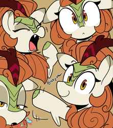 Size: 1909x2164 | Tagged: safe, artist:icey, character:autumn blaze, species:kirin, g4, :<, awwtumn blaze, brown background, cloven hooves, colored hooves, cute, eyes closed, fangs, fire, fire breath, floating heart, floppy ears, frown, heart, hooves, looking at you, open mouth, raised hoof, sharp teeth, simple background, smiling, smiling at you, solo, three quarter view, waving, yawn