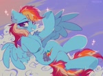 Size: 2048x1513 | Tagged: safe, artist:mirtash, character:rainbow dash, species:pegasus, species:pony, g4, belly, chest fluff, cloud, crossed legs, ear fluff, ear piercing, earring, female, hoof heart, jewelry, lesbian pride flag, looking at you, lying down, lying on a cloud, mare, on a cloud, on back, outdoors, piercing, pride, pride flag, raised hoof, sky, smiling, smiling at you, solo, sparkles, spread wings, tail, underhoof, wings