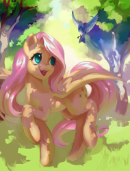 Size: 1785x2345 | Tagged: safe, artist:my-magic-dream, artist:sakuraloid, character:fluttershy, species:bird, species:pegasus, species:pony, g4, cute, dappled sunlight, female, grass, high res, looking at something, looking up, mare, nature, open mouth, open smile, outdoors, raised hoof, raised leg, shyabetes, smiling, solo, spread wings, standing on two hooves, tail, tree, wings