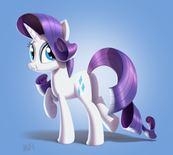 Size: 2048x1824 | Tagged: safe, artist:brdt-e, character:rarity, species:pony, species:unicorn, g4, butt, commission, female, gradient background, grin, horn, looking at you, looking back, looking back at you, mare, plot, raised hoof, raised leg, rearity, signature, smiling, smiling at you, solo, standing on two hooves, tail