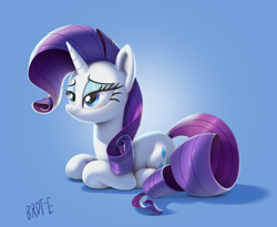 Size: 2048x1682 | Tagged: safe, artist:brdt-e, character:rarity, species:pony, species:unicorn, g4, commission, eyebrows, eyeshadow, female, gradient background, horn, lying down, makeup, mare, nose wrinkle, ponyloaf, prone, signature, solo, tail