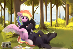 Size: 2304x1558 | Tagged: safe, artist:little-sketches, oc, oc only, oc:aurora codec, oc:masashi, species:pegasus, species:pony, g4, camera, choker, colored hooves, colored wings, colored wingtips, commission, cuddling, cute, duo, female, forest, gradient hooves, heart, hooves, jewelry, looking at each other, looking at someone, lying down, male, mare, multicolored hair, multicolored wings, necklace, oc x oc, ocbetes, pegasus oc, photo, polaroid, rainbow hair, shipping, sitting, spiked choker, spread wings, stallion, story included, straight, two toned wings, unshorn fetlocks, wings