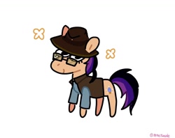 Size: 1440x1140 | Tagged: safe, artist:petaltwinkle, oc, oc:fila brightspark, species:earth pony, species:pony, chibi, clothing, earth pony oc, glasses, happy, hat, shirt, simple background, solo, sparkles, vest