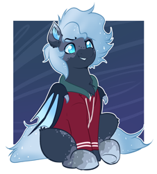Size: 2272x2512 | Tagged: safe, artist:witchtaunter, oc, species:bat pony, species:pony, bat pony oc, chest fluff, clothing, commission, cute, hoodie, no pupils, raised eyebrow, smiling, smirk