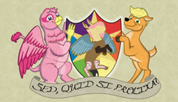 Size: 1918x1102 | Tagged: safe, artist:hoofclid, character:applejack, character:fluttershy, character:pinkie pie, species:deer, species:draconequus, species:griffon, series:noodleverse, g4, alternate universe, apple family member, coat of arms, deerified, draconequified, griffonized, latin, shield, species swap, text