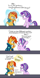 Size: 1071x2091 | Tagged: dead source, safe, artist:lance, character:starlight glimmer, character:sunburst, species:pony, species:unicorn, ship:starburst, g4, blushing, clueless, coat markings, comic, cute, dialogue, duo, female, flirting, glimmerbetes, glowing horn, magic, male, mare, oblivious, one sided shipping, pick up line, pickup lines, profile, scroll, shipping, simple background, socks (coat marking), stallion, starboarding, straight, sunbetes, sunburst is a goddamn moron, telekinesis, text, three quarter view, white background, you tried