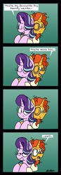 Size: 1169x3369 | Tagged: safe, artist:bobthedalek, character:starlight glimmer, character:sunburst, species:pony, species:unicorn, ship:starburst, g4, comic, dork, embrace, eyes closed, fail, female, green background, hug, male, mare, shipping, simple background, socially awkward, stallion, starlight glimmer is not amused, straight, sudden realization, sunburst is a goddamn moron, unamused, y-you too, you dun goofed