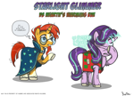 Size: 1614x1160 | Tagged: safe, artist:perfectblue97, character:starlight glimmer, character:sunburst, species:pony, species:unicorn, ship:starburst, episode:hearth's warming eve, g4, my little pony: friendship is magic, clothing, coat markings, colored hooves, costume, dialogue, facehoof, female, glowing horn, hooves, horn, implied shipping, implied starburst, implied straight, magic, magic aura, male, oblivious, raised hoof, shipping, signature, simple background, socks (coat marking), speech bubble, straight, sunburst is a goddamn moron, text, unshorn fetlocks, white background