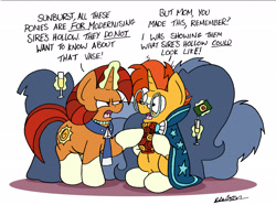 Size: 2171x1613 | Tagged: safe, artist:bobthedalek, character:fluttershy, character:stellar flare, character:sunburst, character:twilight sparkle, species:pony, species:unicorn, g4, alcohol, apple juice, cape, champagne, cloak, clothing, coat markings, dialogue, drink, female, glasses, glowing horn, horn, juice, magic, magic aura, male, mare, mother, mother and child, mother and son, parent and child, party, raised hoof, signature, silhouette, simple background, sitting, socks (coat marking), son, stallion, stellar flare is not amused, telekinesis, text, unamused, vase, white background, wine