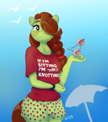 Size: 2754x3134 | Tagged: safe, artist:drafthoof, derpibooru original, oc, oc only, oc:oil drop, species:anthro, species:bird, species:earth pony, species:seagull, anthro oc, blushing, clothing, colored eyebrows, earth pony oc, eyebrows, female, glasses, gradient background, hair over one eye, mare, shirt, signature, solo, sunglasses, sweat, t-shirt