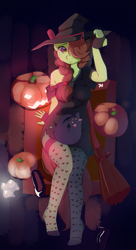Size: 979x1800 | Tagged: safe, artist:drafthoof, derpibooru original, oc, oc:oil drop, species:anthro, species:earth pony, species:plantigrade anthro, anthro oc, black cat, braid, broom, candle, cat, clothing, dress, earth pony oc, embarrassed, female, fingerless gloves, food, gloves, hair over one eye, halloween, hat, high heels, holiday, jack-o-lantern, looking at you, lying down, mare, partially undressed, pumpkin, shoes, shoes off, socks, solo, stocking feet, stockings, thigh highs, witch, witch hat