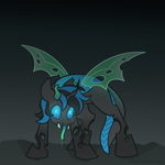 Size: 3000x3000 | Tagged: safe, artist:leopardsnaps, oc, oc only, oc:prince tourmaline, species:changeling, changeling oc, dark background, dragon tail, drool, horns, hybrid, looking at you, male, mandibles, non-pony oc, solo, tongue out