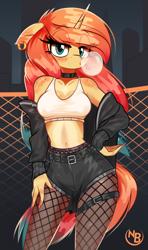 Size: 2258x3813 | Tagged: safe, artist:nevobaster, oc, oc only, oc:sheron, species:anthro, species:unicorn, g4, anthro oc, bedroom eyes, belly button, bubblegum, candy, city, clothing, collar, denim, eyeshadow, female, fishnet clothing, fishnet stockings, food, freckles, gum, horn, jacket, jeans, jewelry, lidded eyes, looking at you, makeup, mare, nail polish, night, pants, piercing, shorts, socks, solo, stockings, thigh highs, unicorn oc