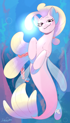 Size: 2387x4132 | Tagged: safe, artist:daisy_marshmallow, derpibooru original, character:destiny, species:sea pony, species:seapony (g4), g5, absurd resolution, bioluminescent, blue background, blushing, bubble, coral, crepuscular rays, digital art, dorsal fin, female, fin, fin wings, fins, fish tail, floppy ears, flowing mane, flowing tail, glowing, looking at you, ocean, pink eyes, scales, seaweed, signature, simple background, smiling, smiling at you, smirk, solo, sunlight, swimming, tail, underwater, water, wings