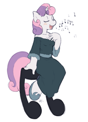 Size: 541x746 | Tagged: safe, artist:ajin, character:sweetie belle, species:anthro, species:unguligrade anthro, species:unicorn, g4, blushing, breasts, cleavage, clothing, cute, diasweetes, dress, eyes closed, female, hoof shoes, horn, mare, music notes, open mouth, shoes, shoulderless, simple background, singing, sitting, solo, white background