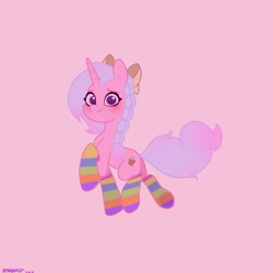 Size: 2480x2480 | Tagged: safe, artist:starburstuwu, oc, oc only, species:pony, species:unicorn, g5, blushing, bow, clothing, female, hair bow, high res, horn, looking at you, mare, pink background, rainbow socks, signature, simple background, smiling, smiling at you, socks, solo, striped socks