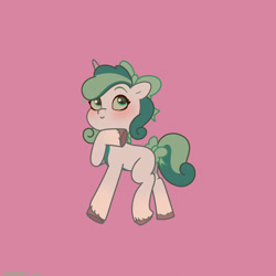 Size: 2480x2480 | Tagged: safe, artist:starburstuwu, screencap, oc, oc only, oc:prixy, species:pony, species:unicorn, g5, blushing, bow, colored eyebrows, colored hooves, eyebrows, female, hair bow, high res, hoof on chin, hooves, horn, looking up, mare, purple background, raised hoof, signature, simple background, solo, tail, tail bow, unicorn oc, unshorn fetlocks