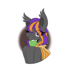 Size: 1773x1773 | Tagged: source needed, safe, artist:artsy_inky, oc, oc:bright wings, species:bat pony, species:pony, apple, content, fangs, floating head, food, happy, holding fruit in mouth, lined, sharp teeth, simple background, solo