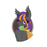 Size: 1773x1773 | Tagged: safe, artist:artsy_inky, manebooru original, oc, oc:bright wings, species:bat pony, species:pony, apple, content, fangs, floating head, food, happy, holding fruit in mouth, lined, sharp teeth, simple background, solo