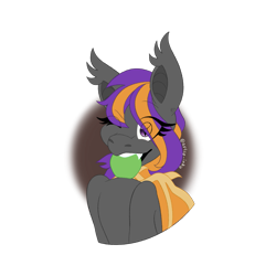 Size: 1773x1773 | Tagged: source needed, safe, alternate version, artist:artsy_inky, oc, oc:bright wings, species:bat pony, species:pony, apple, content, fangs, floating head, food, happy, holding fruit in mouth, lineless, lineless art, sharp teeth, simple background, solo