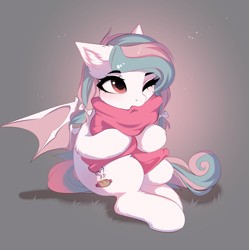 Size: 2001x2008 | Tagged: safe, artist:empress-twilight, oc, oc only, oc:bratwurste, species:bat pony, species:pony, bat pony oc, bat wings, commission, cute, ear fluff, eyebrows, eyebrows visible through hair, female, high res, hug, mare, ocbetes, one eye closed, pillow, pillow hug, sitting, solo, spread wings, tail, wings