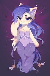 Size: 1481x2226 | Tagged: safe, artist:empress-twilight, oc, oc only, oc:star guardian, oc:violet veil, species:pegasus, species:pony, bedroom eyes, body pillow, body pillow design, chest fluff, clothing, ear fluff, hairpin, laying on bed, leotard, long mane, ribbon, sheet, socks, solo, wings