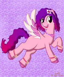 Size: 2480x2953 | Tagged: safe, artist:lurfy, character:ruby jubilee, species:pegasus, species:pony, g5, 2023, butterfly background, female, flower, flower in hair, jewelry, mare, necklace, open mouth, open smile, patterned background, signature, smiling, solo, spread wings, tail, wings