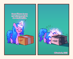 Size: 1280x1024 | Tagged: safe, artist:frank3dz, character:izzy moonbow, species:pony, species:unicorn, g5, 2 panel comic, box, comic, crossover, dialogue, female, futurama, glowing, glowing horn, gradient background, gradient hair, horn, magic, magic aura, male, mare, multicolored hair, reference to another series, solo