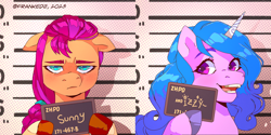 Size: 3112x1550 | Tagged: safe, artist:frank3dz, character:izzy moonbow, character:sunny starscout, species:earth pony, species:pony, species:unicorn, g5, barbie, barbie (film), barbie mugshot meme, blushing, cute, duo, ears back, female, frown, gradient hair, izzybetes, mare, meme, mugshot, multicolored hair, open mouth, open smile, smiling, sunny starscout is not amused, unamused, unshorn fetlocks