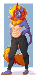 Size: 1840x3888 | Tagged: safe, artist:witchtaunter, oc, species:anthro, species:kirin, species:plantigrade anthro, g4, anthro oc, clothing, commission, female, fluffy, hand, hand of hip, hand on hip, hips, kirin oc, non-pony oc, smiling