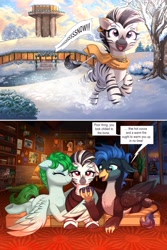 Size: 2731x4096 | Tagged: safe, artist:confetticakez, character:morning dew, oc, oc:lulu, oc:still waters, species:hippogriff, species:pegasus, species:pony, species:zebra, g4, background pony, book, bookshelf, chest freckles, clothing, comic, commission, cushion, cute, dialogue, double winghug, drink, dusk, ear piercing, earring, excited, feathered wings, female, floppy ears, food, framed picture, freckles, frown, galloping, glasses, hat, hot chocolate, house, hug, jewelry, lidded eyes, mare, marshmallow, mask, medal, mohawk, necklace, nuzzling, ocbetes, open mouth, painting, piercing, pond, scarf, snow, snowpony, speech bubble, statue, text, tongue piercing, top hat, tree, trio, trophy, two panels, vase, water, winghug, wings, winter