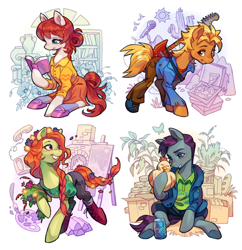 Size: 1280x1324 | Tagged: safe, artist:xamag-draws, species:earth pony, species:pony, chicken (animal), crossover, cute, leah (stardew valley), penny (stardew valley), ponified, sam (stardew valley), shane (stardew valley), stardew valley, video game