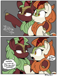 Size: 2100x2821 | Tagged: safe, artist:icey, character:autumn blaze, character:cinder glow, character:summer flare, species:kirin, g4, 2 panel comic, :<, awwtumn blaze, cinderbetes, comic, confused, cute, descriptive noise, dialogue, duo, duo female, female, frown, gesture, gray background, onomatopoeia, raised hoof, signature, simple background, speech bubble, text, thought bubble, x x everywhere