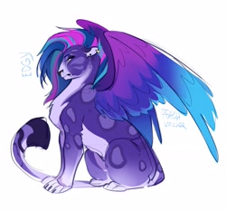 Size: 2688x2508 | Tagged: safe, artist:peachmichea, character:allura, species:aq bars, species:snow leopard, g5, big cat, big wings, colored wings, female, high res, multicolored wings, profile, signature, simple background, sitting, white background, winged big cat, wings