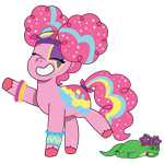 Size: 1200x1200 | Tagged: safe, artist:prixy05, character:gummy, character:pinkie pie, species:earth pony, species:pony, episode:bridlewoodstock, g4, g5, my little pony: make your mark, my little pony: make your mark chapter 4, my little pony: tell your tale, alligator, alternate hairstyle, armband, bracelet, colored hooves, digital art, duo, duo male and female, eyes closed, face paint, female, g4 to g5, generation leap, glasses, glowing, grin, headband, hooves, jewelry, male, mare, novelty glasses, simple background, smiling, solo focus, sparkly mane, standing on two hooves, star glasses, sunglasses, tongue out, transparent background, unshorn fetlocks, vector
