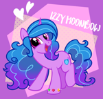 Size: 1148x1094 | Tagged: safe, artist:yokokinawa, character:izzy moonbow, species:pony, species:unicorn, g4, g5, abstract background, bracelet, cute, female, floating heart, g5 to g4, generation leap, gradient hair, heart, izzybetes, jewelry, looking at you, mare, multicolored hair, open mouth, open smile, smiling, smiling at you, solo, text, three quarter view