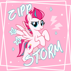 Size: 1300x1300 | Tagged: safe, artist:yokokinawa, character:zipp storm, species:pegasus, species:pony, g4, g5, abstract background, female, flying, g5 to g4, generation leap, looking at you, mare, pink background, simple background, smiling, solo, spread wings, stars, text, three quarter view, wings