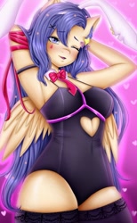 Size: 700x1133 | Tagged: safe, artist:rafi, oc, oc:star guardian, oc:violet veil, species:anthro, species:pegasus, species:pony, bunny ears, bunny suit, clothing, costume, ear fluff, fishnets, harness, leotard, long mane, necktie, purple eyes, ribbon, socks, solo, spread wings, stockings, tack, thigh highs, wings